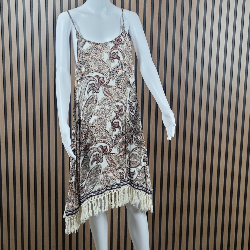5th & Love Slip Dress Paisley Fringe Handkerchief Hem Boho Cream Multi Large